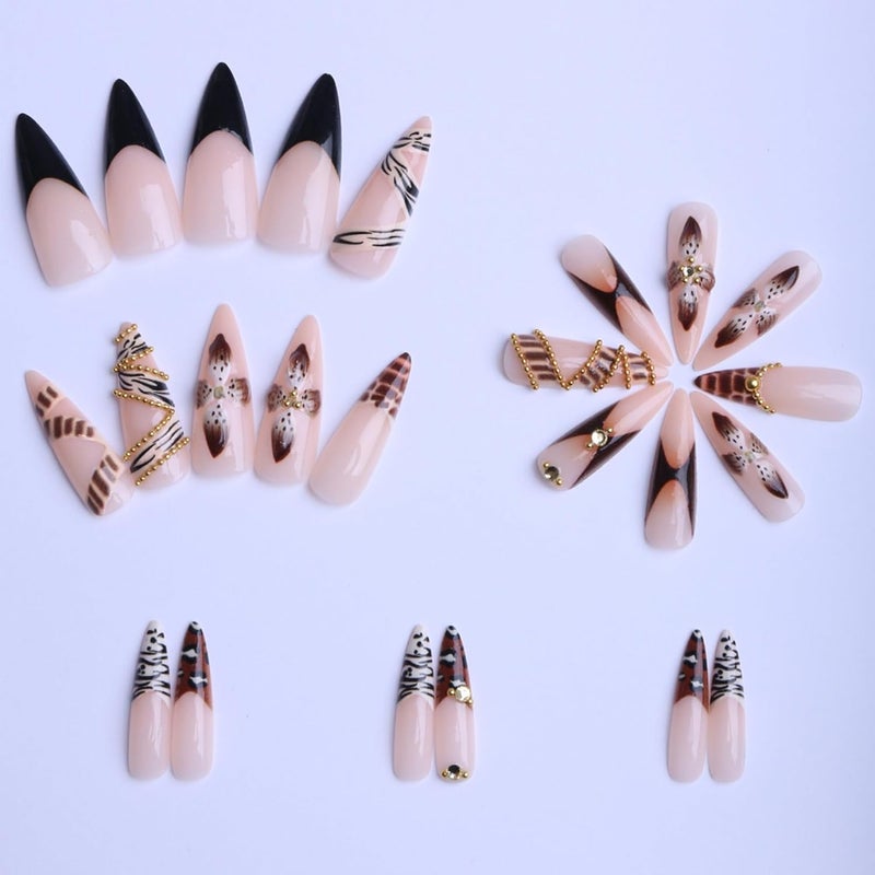 SEENEEY Almond Press on Nails Long Brown Flowers Stick on Nail for Women 24pcs - Image 3